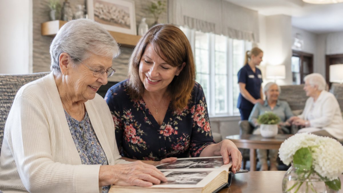 An older adult and an adult child sitting together in a bright assisted living common area, looking at a photo album and smiling gently, with staff visible in the background