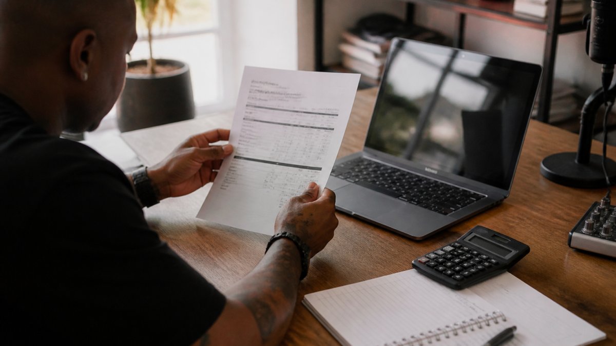 Artist reviewing a royalty payouts statement and streaming data on a laptop with a calculator and notebook.