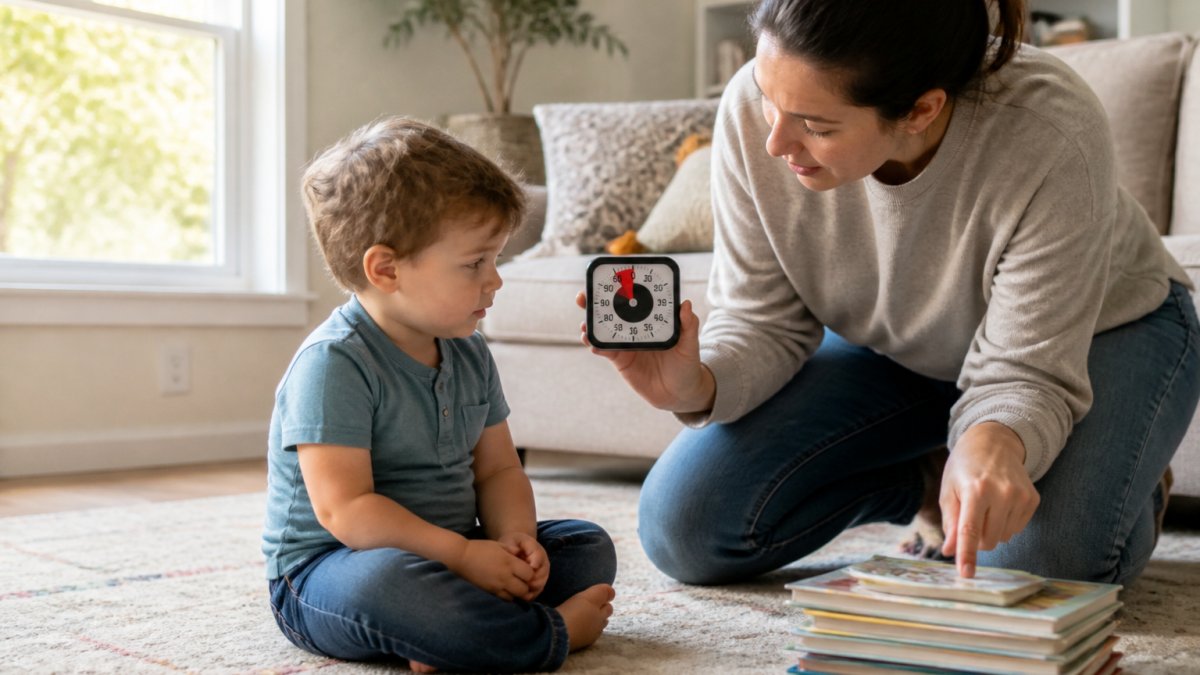 A parent kneeling beside a toddler on a living room floor, holding a small visual timer and pointing calmly toward a stack of picture books, warm afternoon light through the window
