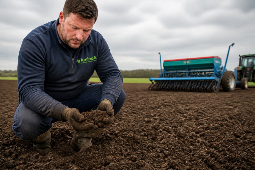 A farmer in work clothes inspecting a freshly prepared seedbed, crumbling soil between gloved fingers, with a seed drill visible in the background under an overcast sky