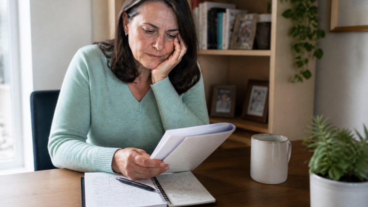 Woman reviewing her symptom diary and notes to learn how to manage severe perimenopause symptoms before a call.