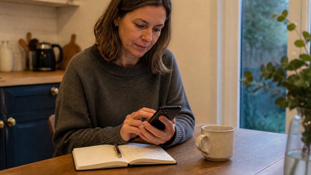 A woman in her forties sitting at a kitchen table in the evening, logging symptoms on her smartphone with a notebook and cup of tea nearby, warm natural light