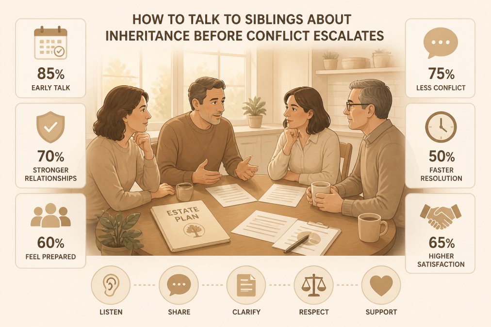 Adult siblings sitting around a kitchen table with documents and coffee, having a calm and serious conversation about family matters, warm natural light coming through a window