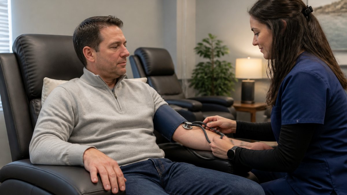 Nurse checking a patient's blood pressure during esketamine therapy in a calm, private clinic treatment room.