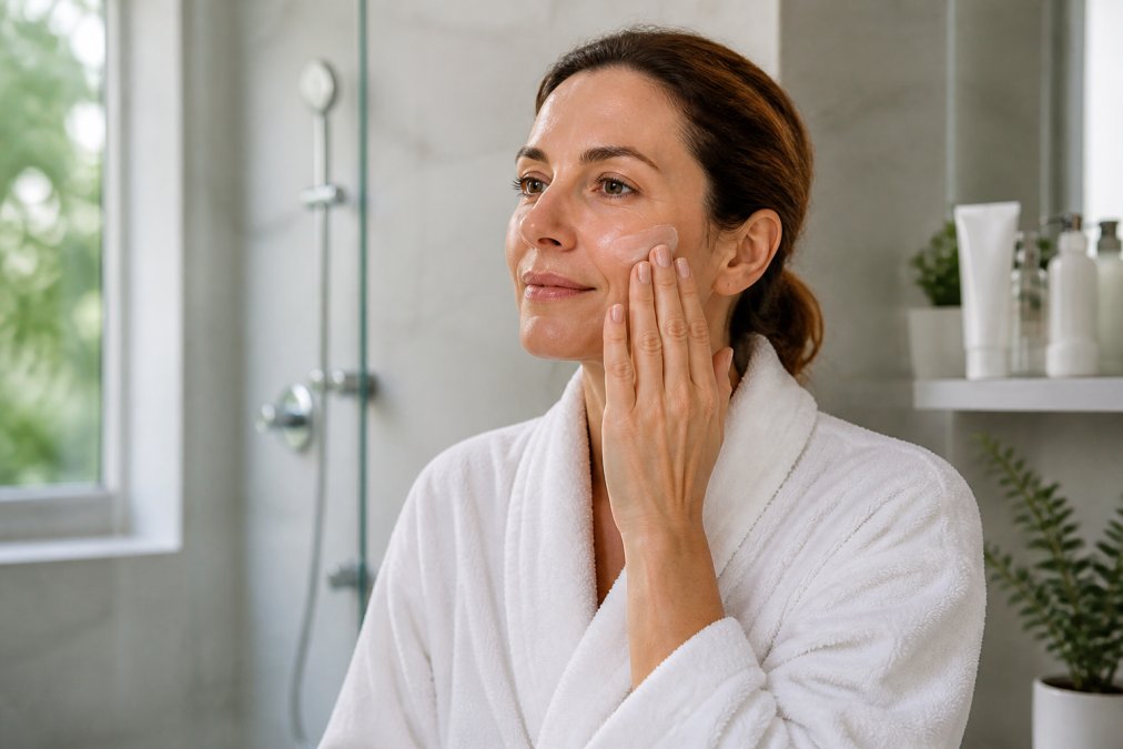 Woman in her 40s gently applying soothing moisturizer to manage skin sensitivity after peel in a bright bathroom.
