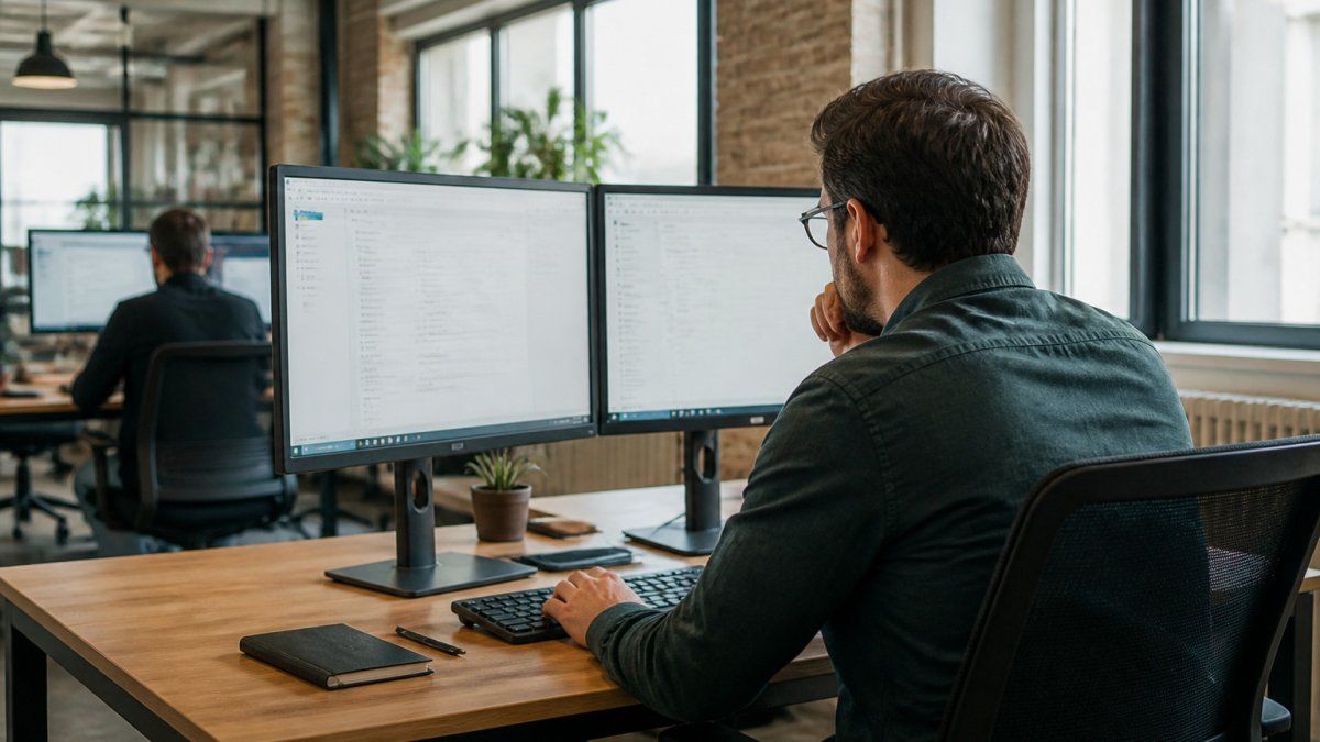 DevOps engineer reviewing a migration script management pipeline status on dual monitors in a bright office
