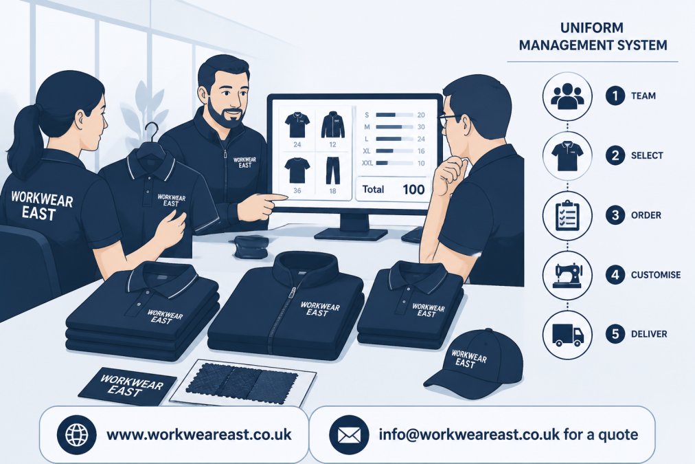 Team members in a modern office reviewing branded workwear samples and discussing orders on a computer screen, with folded polo shirts and embroidered garments visible on a table