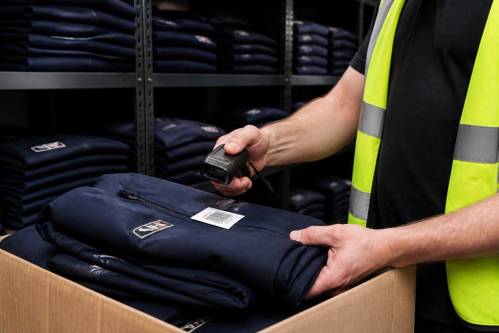 Close-up of a warehouse worker scanning a barcode on folded embroidered workwear with a handheld tablet device, with shelves of organised uniforms visible in the background