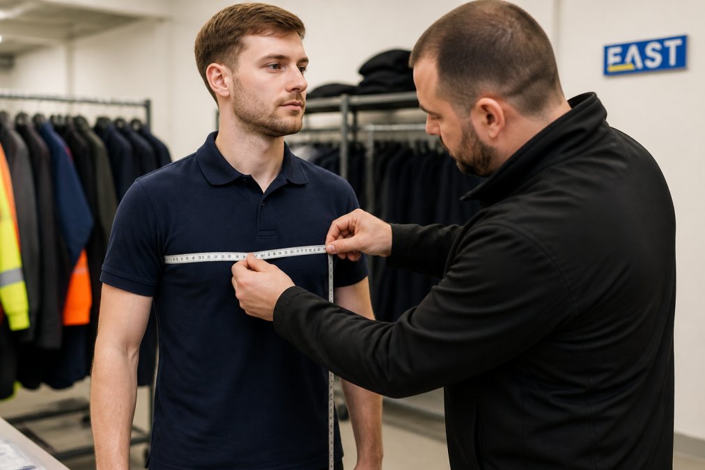 Workwear consultant measuring an employee's chest and sleeve length with a flexible tape measure in a bright, professional workplace setting