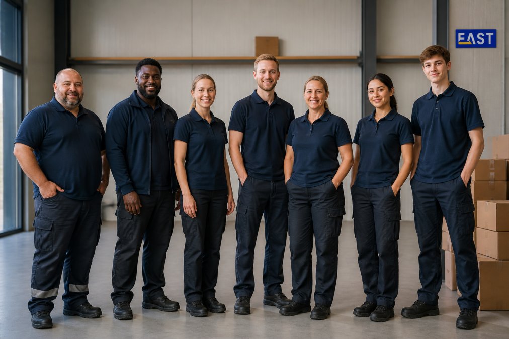 Diverse group of employees wearing well-fitted branded uniforms in different sizes, standing together in a modern workplace to demonstrate inclusive sizing options