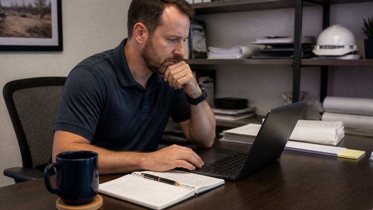 Business development manager reviewing state rfp notifications on a laptop in an engineering office