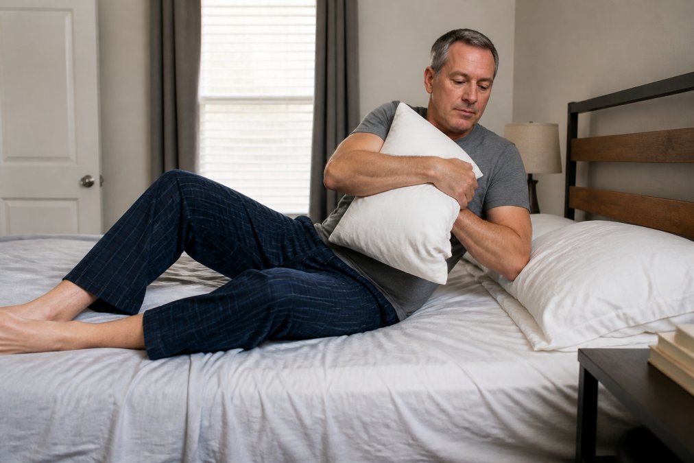 Patient demonstrating the logroll technique with a pillow for sternal support, showing proper body positioning while transitioning from lying down to sitting upright on edge of bed, with proper spinal alignment maintained throughout the movement