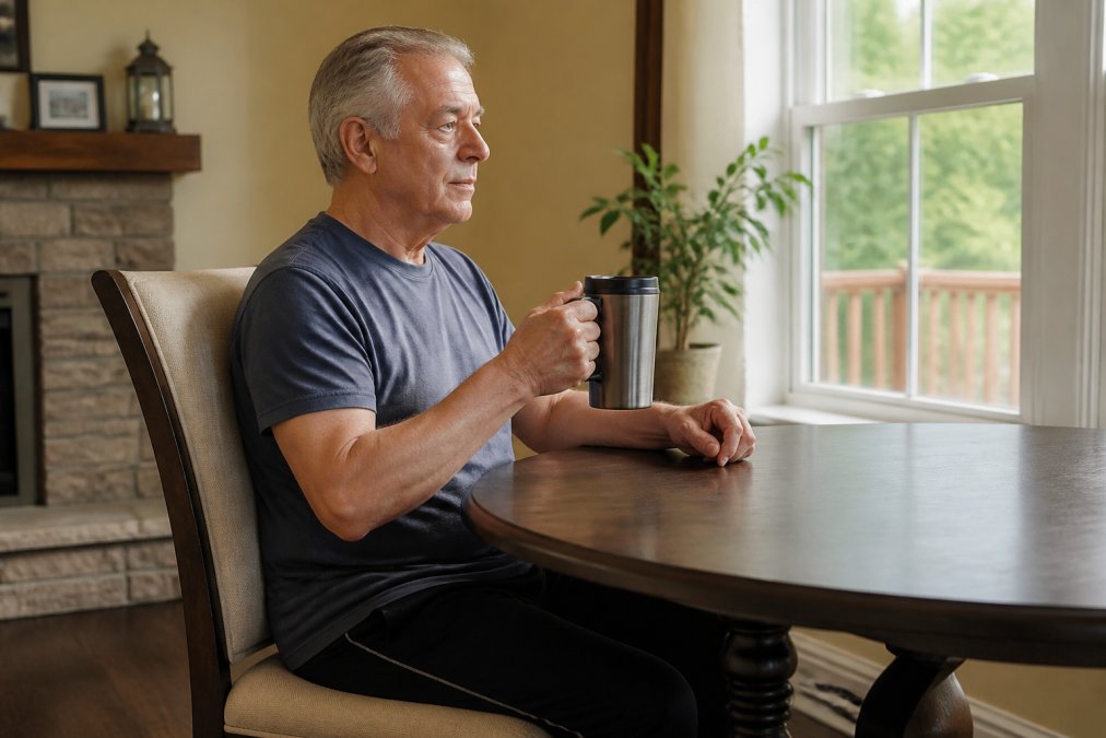 Person sitting upright at a table with a travel mug, showing good posture and safe positioning while having a beverage during recovery, with proper back support and relaxed shoulders