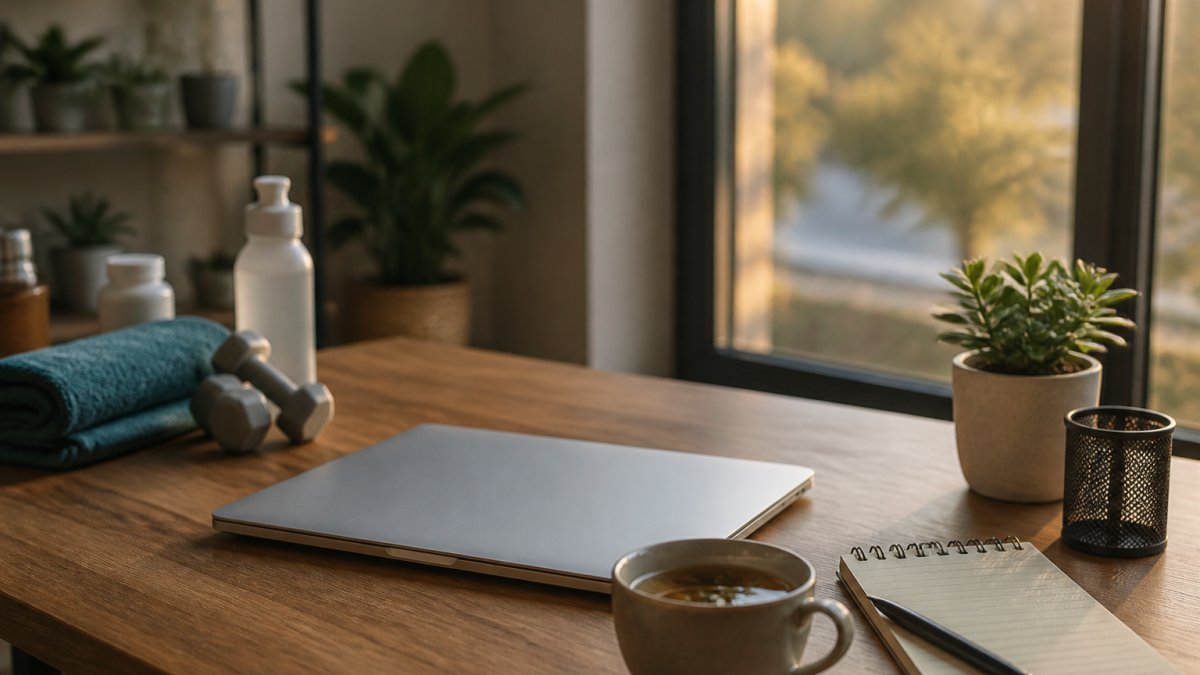 A professional at a tidy desk in the late afternoon, laptop closed, a cup of herbal tea and a small notebook with a handwritten to-do list beside them, soft window light