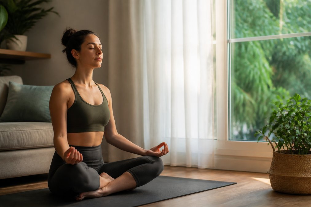 A person sitting cross-legged on a yoga mat near a large window, eyes closed, hands resting on knees, practicing deep diaphragmatic breathing in a calm, softly lit room with morning light filtering through sheer curtains