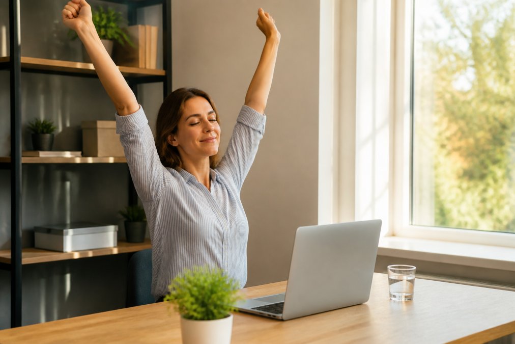 A professional in a tidy home office stretching both arms upward and away from a laptop screen, a small potted plant and a glass of water visible on the desk, warm afternoon light suggesting a deliberate midday break