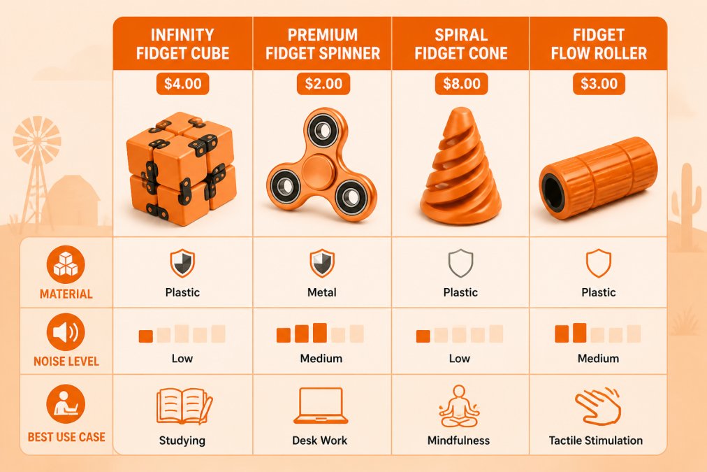 Comparison chart of four fidget tools helping to manage stress by pricing, material, noise level, and use case.