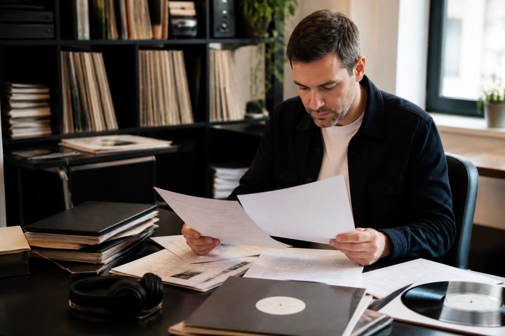 Music industry professional at desk reviewing artist contracts and roster spreadsheets on computer monitor, with vinyl records and headphones visible in background, natural office lighting