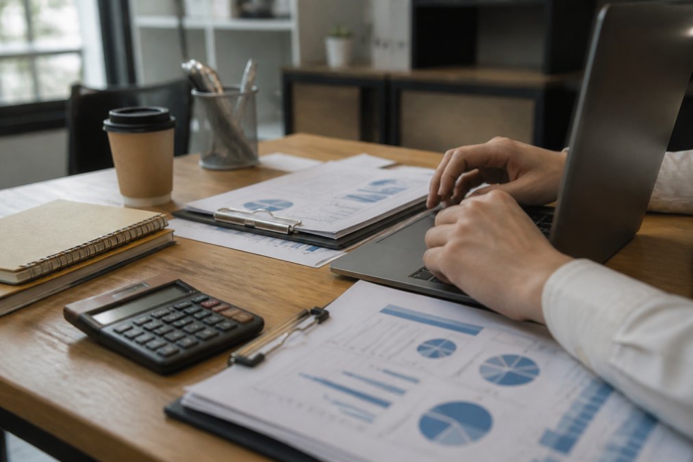 Close-up of hands working on laptop displaying financial dashboards and royalty reports, with notebook and calculator on desk, professional office environment