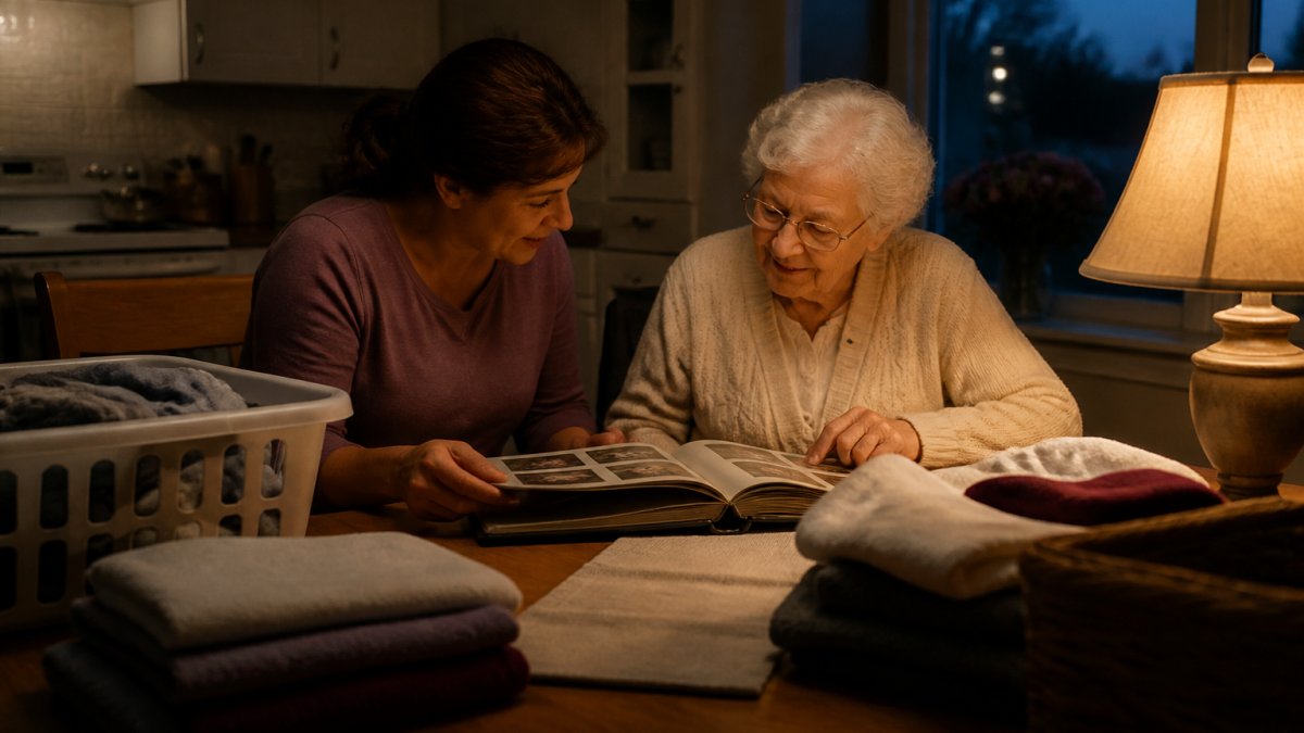 A caregiver and an older adult sitting together at a softly lit kitchen table in the evening, folding laundry and looking at a photo album, warm lamp light, calm and gentle atmosphere