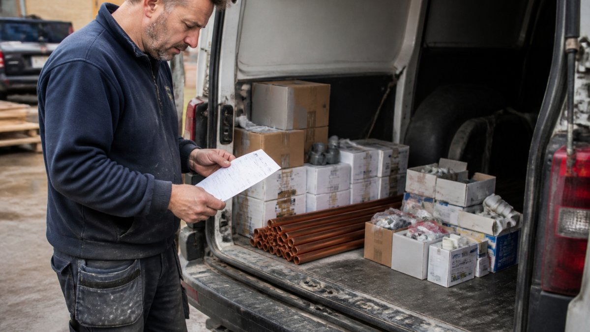 Tradesperson checking supplier pricing on a smartphone against an invoice at a van tailgate