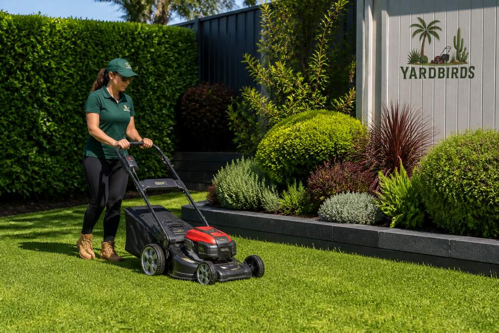 A person mowing a lush green lawn with a push mower on a sunny day, mower deck set at a higher height, garden bed and shrubs in the background