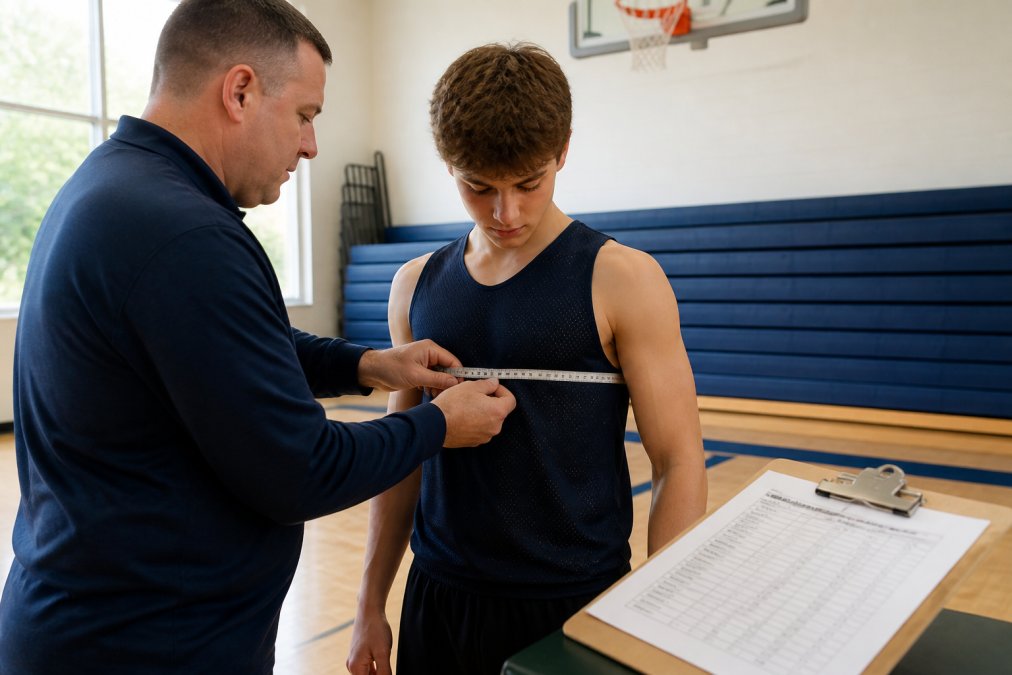Coach measuring a young athlete's chest for proper jersey fit using a soft measuring tape, with a laminated sizing chart visible on a clipboard in a gym setting with natural light