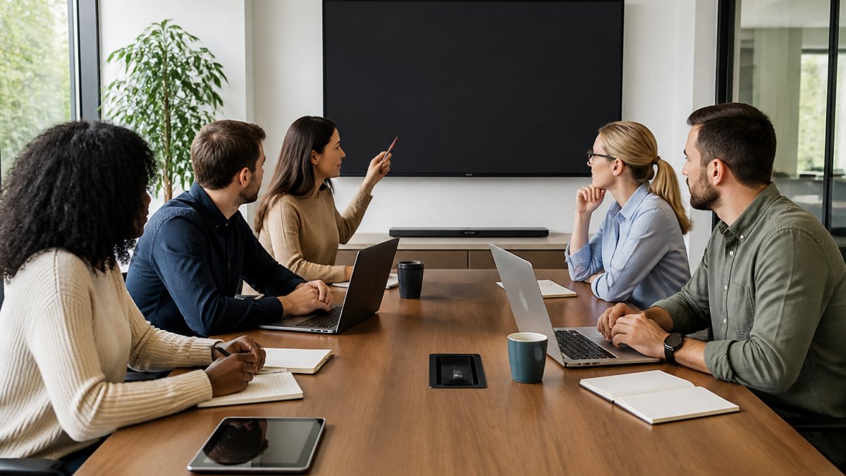 A team of five using a shared template to manage team meeting notes during a collaborative office session.
