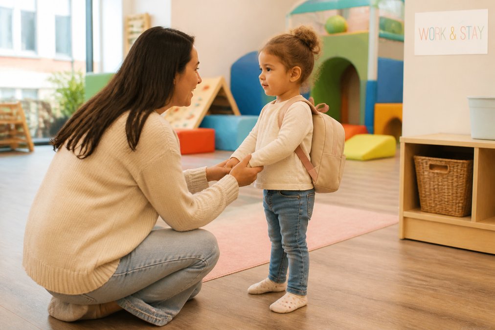 Parent kneeling down to say goodbye to toddler in a bright, welcoming indoor play space with colorful climbing structures, soft play mats, and age-appropriate toys visible in the background, natural light streaming through windows