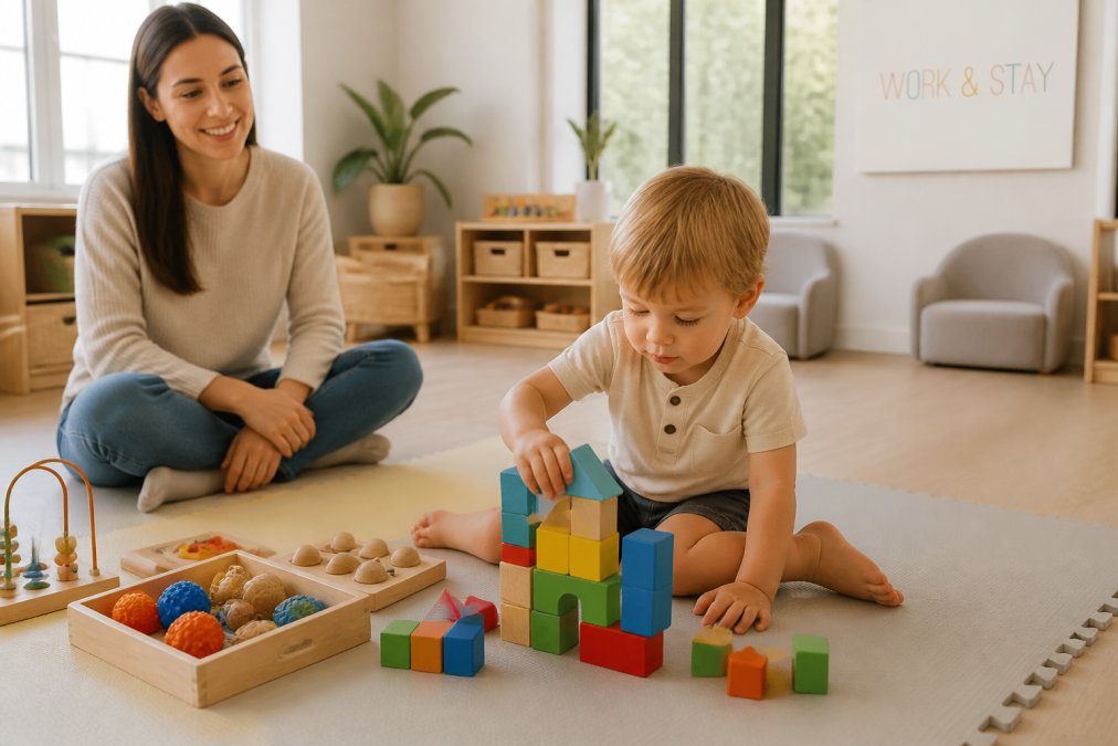 Toddler playing independently with colorful building blocks and sensory toys on a soft play mat while a caregiver sits nearby watching, warm natural light from windows, safe supervised environment with age-appropriate toys