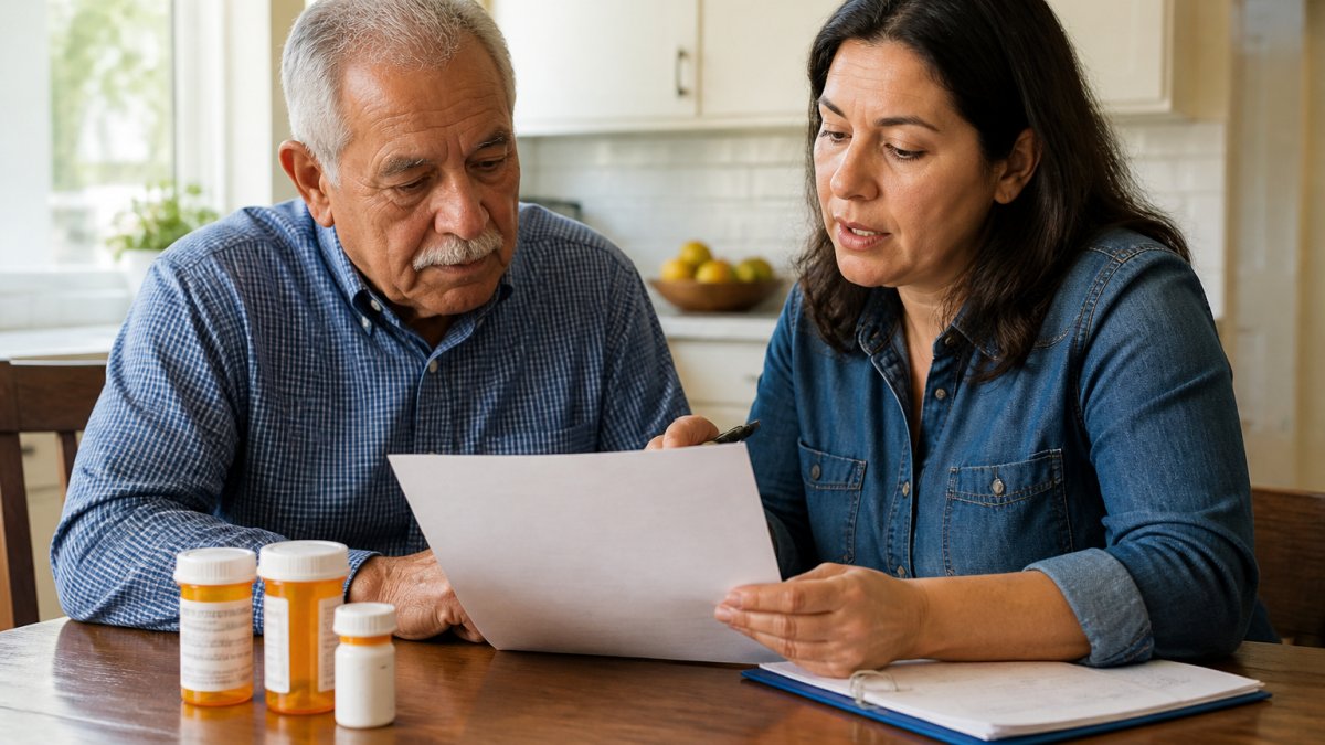 How to Manage Transitional Care After Hospital Discharge 1 An adult daughter sitting at a kitchen table with her elderly father, reviewing a printed discharge checklist and medication bottles together in warm natural light
