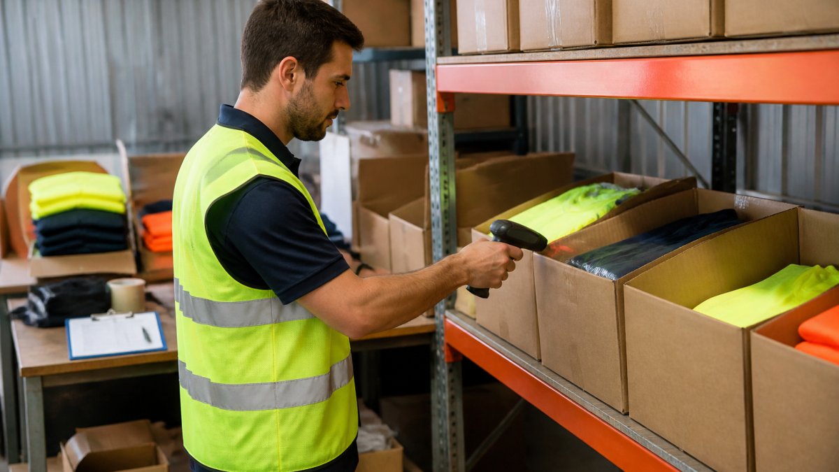 A warehouse worker in a hi-vis vest scanning a box of folded workwear on a metal shelving unit, with a clipboard and packing bench visible behind him