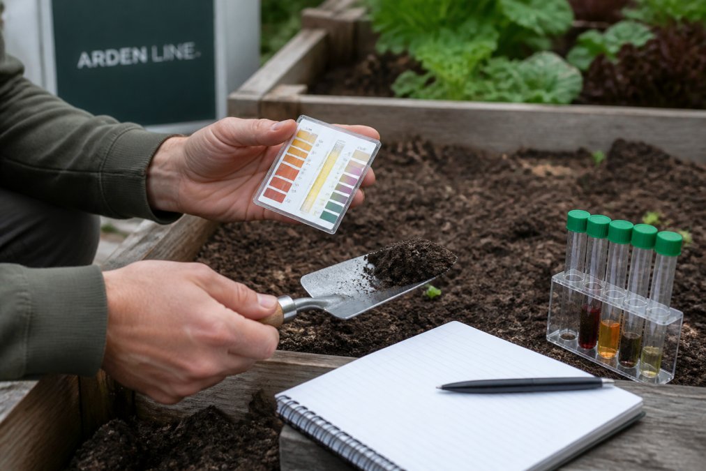 Infographic showing the step-by-step process of testing nutrient levels in raised garden bed soil using a test kit