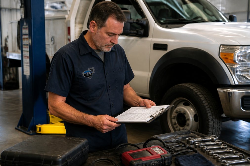 Experienced mechanic reviewing detailed maintenance records on a clipboard next to a work truck in a garage bay, with diagnostic equipment and service tools visible on the workbench
