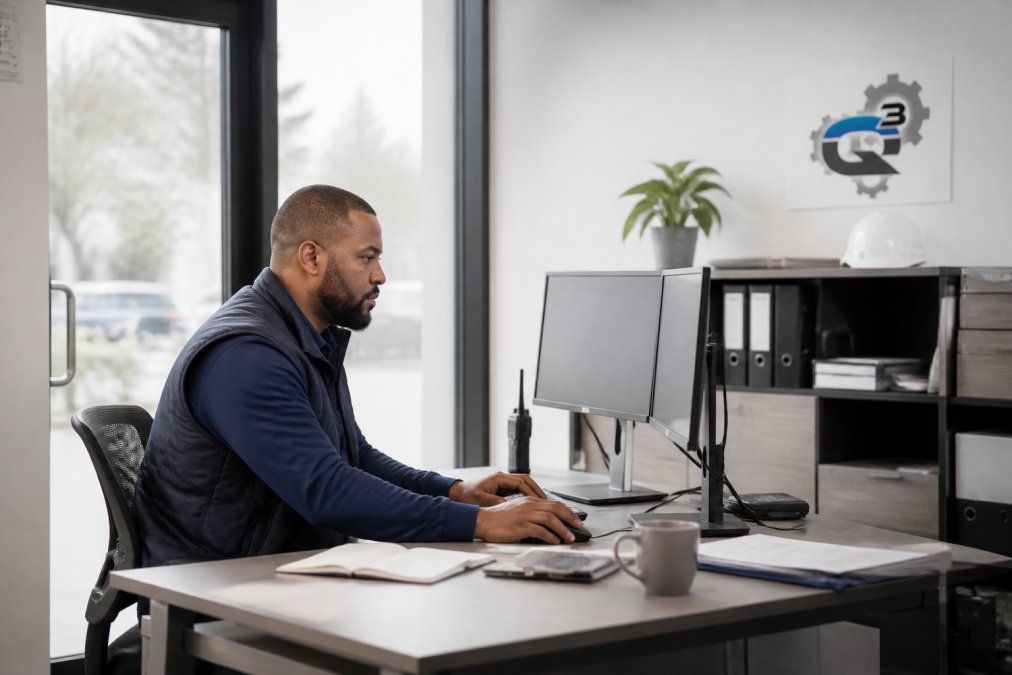 Fleet manager sitting at desk reviewing real-time vehicle tracking data on multiple computer monitors displaying GPS locations, fuel consumption graphs, and maintenance status alerts in a bright office environment