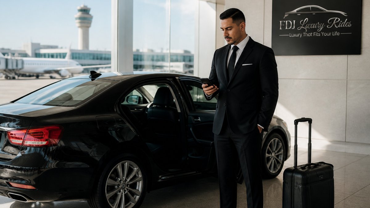 Professional chauffeur in dark suit standing beside a luxury sedan at an airport terminal, checking phone for flight information with natural daylight streaming through the terminal windows