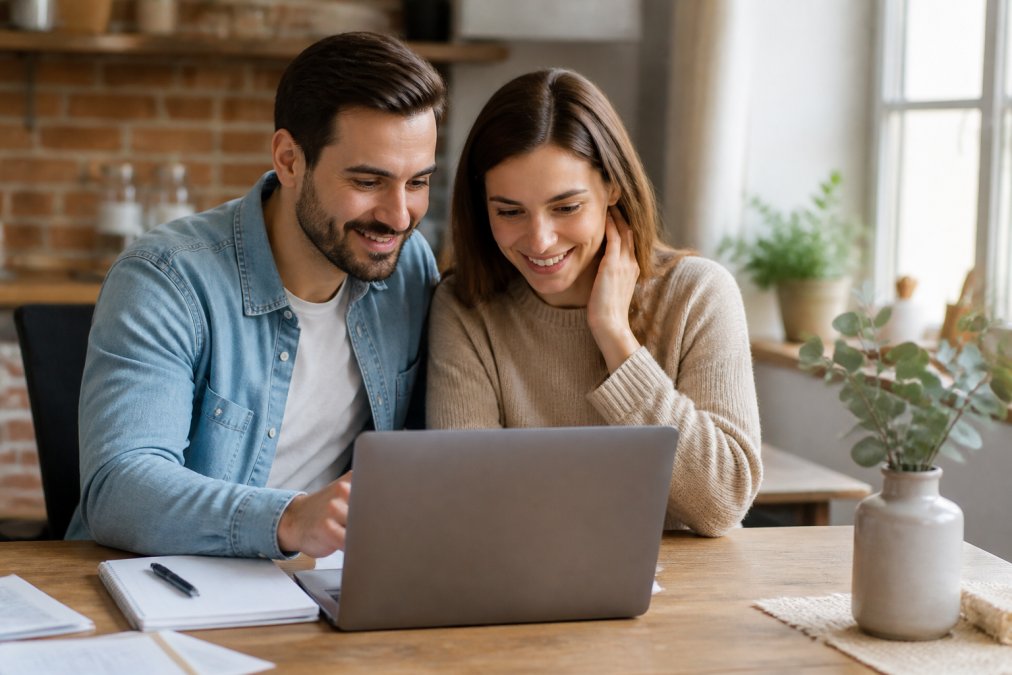 An engaged couple sitting together at a laptop, reviewing their digital RSVP responses on screen with a notebook and pen nearby, smiling as they check guest confirmations