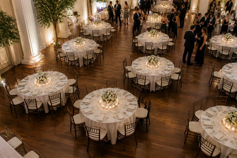 Overhead view of an elegant wedding reception with round tables arranged throughout a well-lit venue, place cards visible on white linens, and subtle centerpieces, guests mingling between tables with clear pathways visible