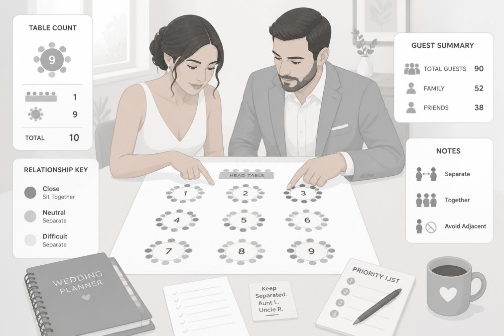 Bride and groom reviewing a detailed seating chart together at a table, pointing at table assignments with focused, calm expressions, papers and notes spread before them, natural window lighting