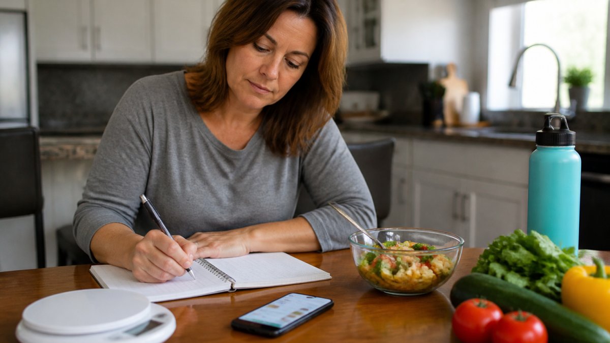 A woman in her 40s sitting at a kitchen table with a food journal, a digital scale, and a smartphone with a calorie tracking app open, looking focused and determined