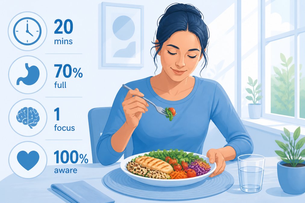 Person sitting at a dining table with a plate of balanced, colourful food, eating slowly with a calm, focused expression and natural window lighting