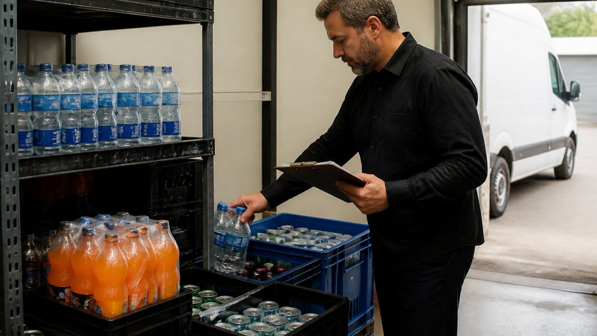 A bar manager in a hospitality venue checking crates of soft drinks and water bottles on a stockroom shelf, with a clipboard in hand and a white delivery van visible through the open doorway