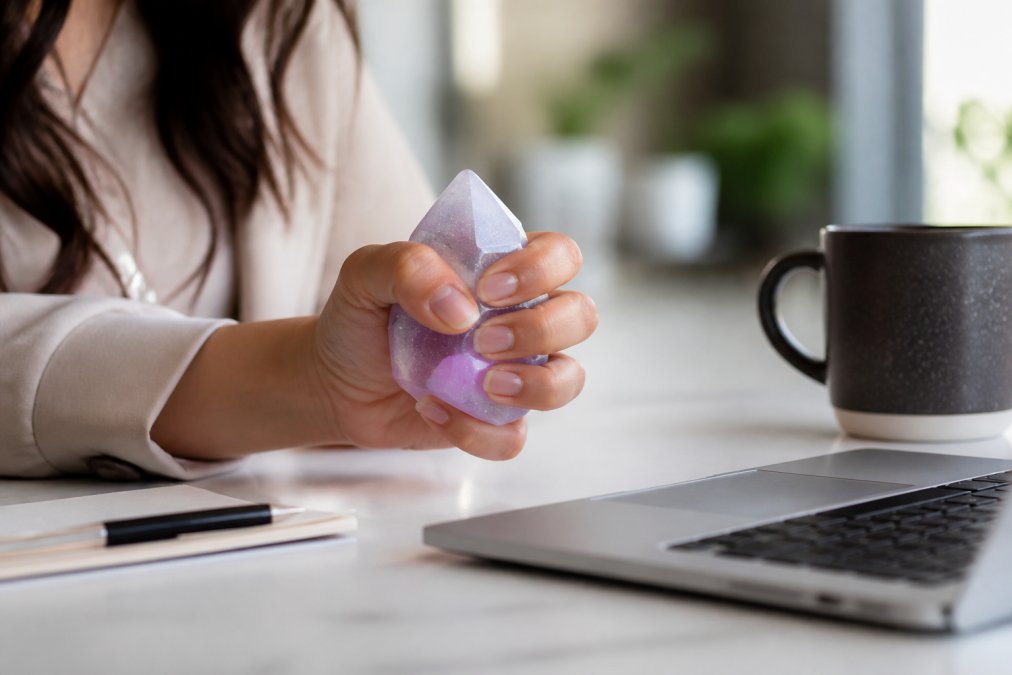 Close-up of a professional woman's hand squeezing a pastel-colored squishy stress ball shaped like a crystal on a clean modern desk with a laptop and coffee mug nearby