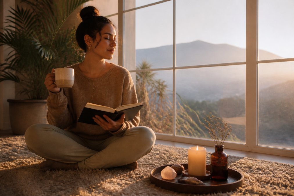 Person sitting cross-legged on a comfortable rug near a window during sunrise, holding a journal and warm beverage, with a peaceful expression during morning manifestation practice