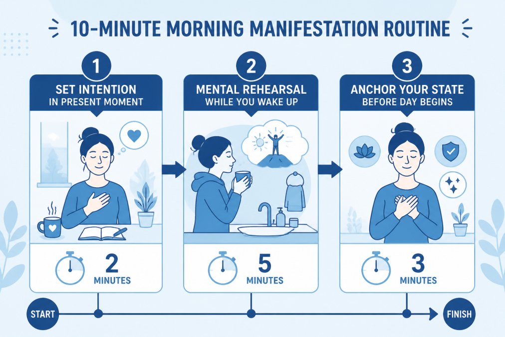 Flowchart showing 3-step morning manifestation routine: Step 1 Set Intention in Present Moment (2 minutes) → Step 2 Mental Rehearsal While You Wake Up (5 minutes) → Step 3 Anchor Your State Before Day Begins (3 minutes), with specific actions and timing for each phase