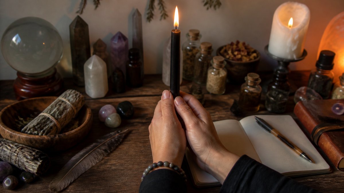 Hands holding a lit spell candle in a quiet, dimly lit space with journaling materials and crystals arranged on a wooden altar surface