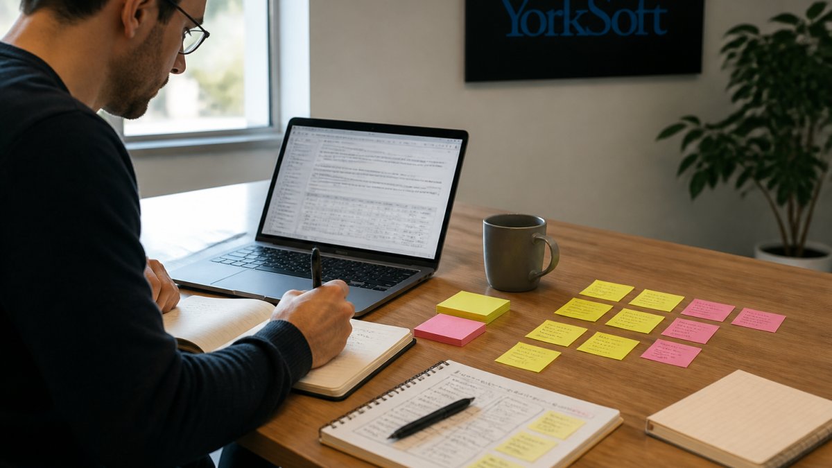 Professional at desk with notebook and pen reviewing process documentation on laptop screen, with sticky notes and workflow notes visible on desk