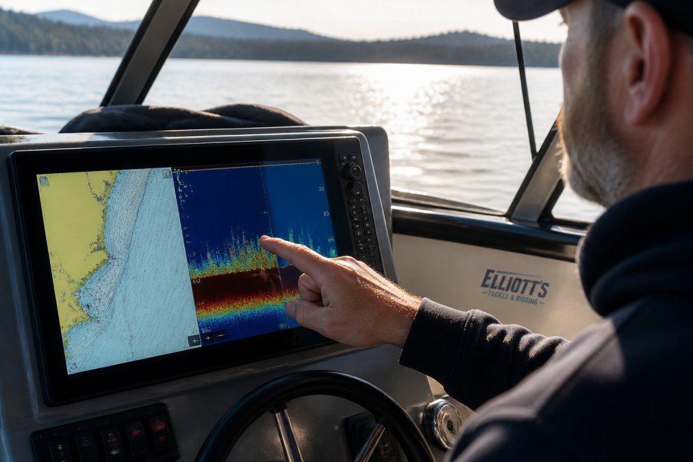 A fisherman touching a marine GPS screen to mark fishing hotspots on a digital sonar and chart display.