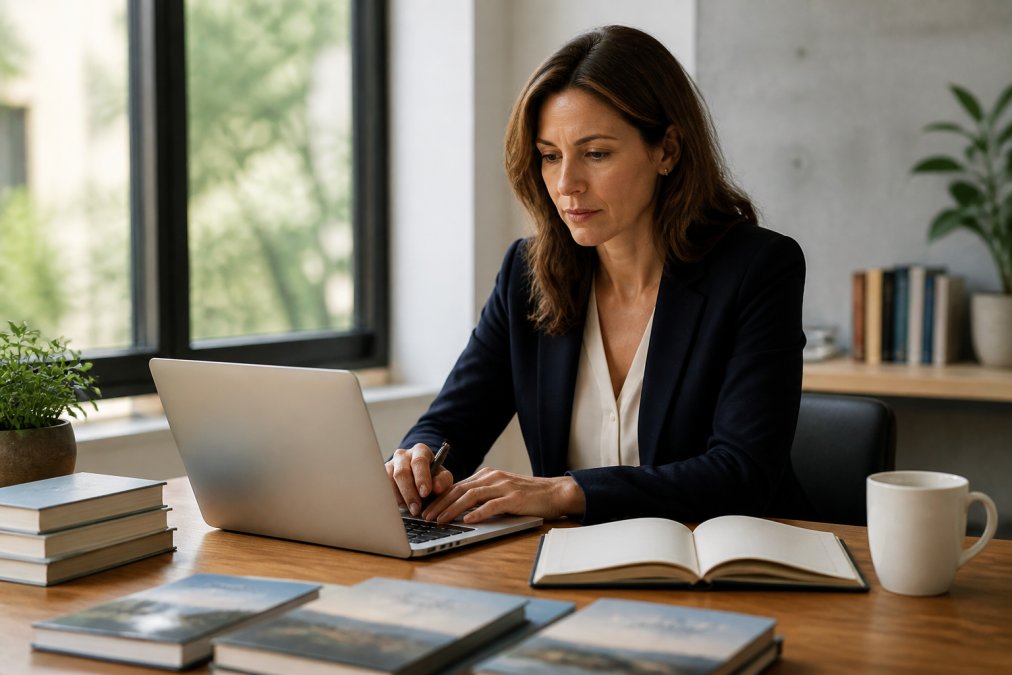 A consultant in a blazer reviewing an email marketing dashboard on a laptop, with an open notebook and a cup of coffee on a clean wooden desk in a sunlit modern office