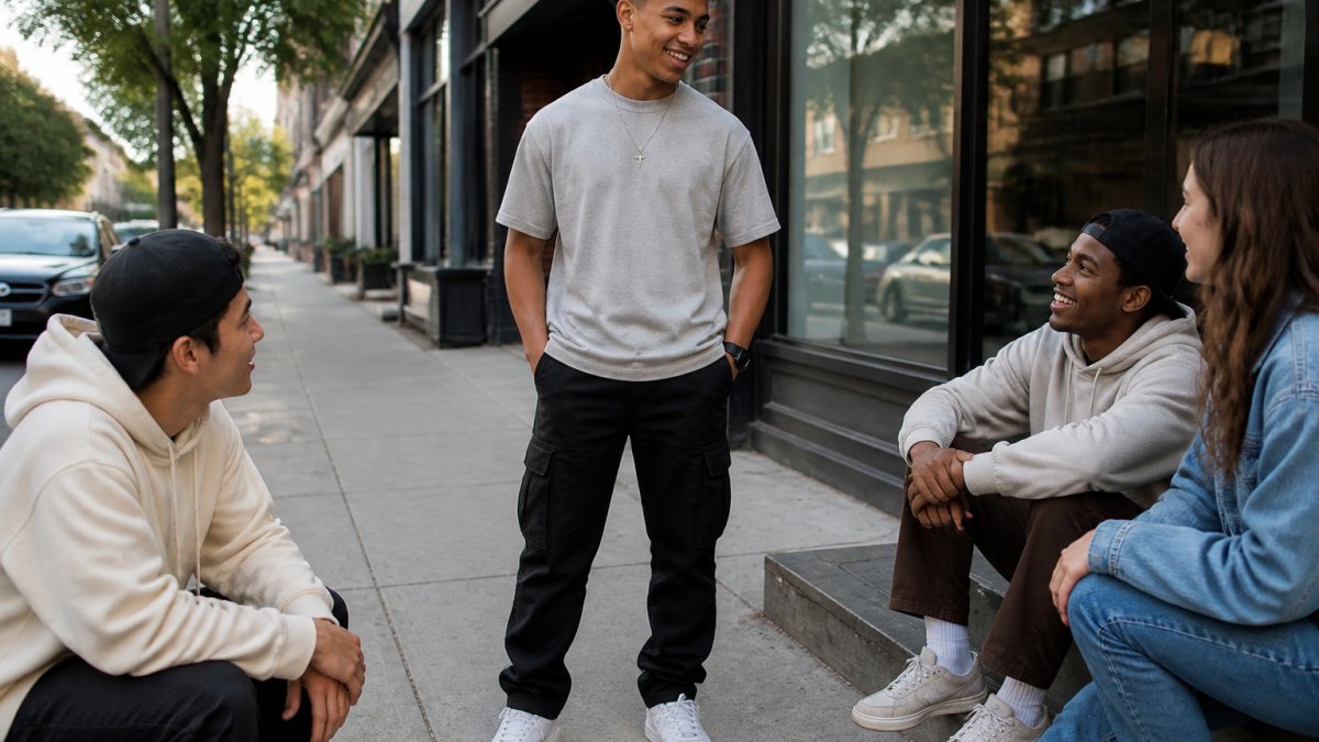 Young adult wearing a faith-inspired tee in casual street setting, confidently standing while others look at their design, showing conversation-starting moment in natural daylight
